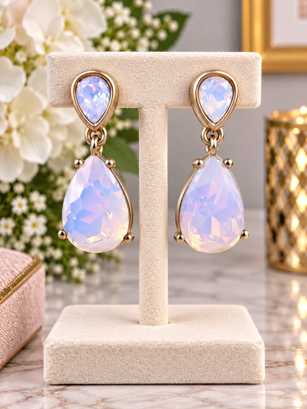 Gold Teardrop Opal Glass Drop Earrings - Women's Pink-Opal Earrings